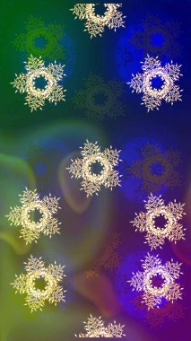 Sanat terapisi tarzı zen çizim için mavi, yeşil ve mor mandala şeklinde kar taneleri. El çizimi, dövme stili, kumaş tasarımı ve Raster illüstrasyonunda kartlar..