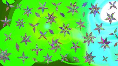 Çiçek desenli çizim. Asya tekstil tarzında. Yeşil renkli çiçekler. Raster illüstrasyonu. Raster illüstrasyonu.