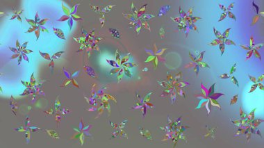 Çok renkli, zarif küçük çiçekler ve gri renkli komik böcekler, raster desen, illüstrasyon.