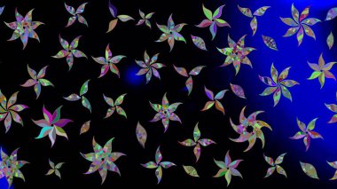 Suluboya elle çizilmiş çiçek desenli eskiz deseni. Parlak renkli fantezi çiçekleri, yapraklar, siyah renkli tomurcuklar.