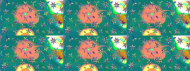 Halk tarzı. Modern çiçek arkaplanı. Moda baskıları için zarif bir şablon. Parlak renkli çiçekleri ve mavi yaprakları olan harika bir çiçek deseni..