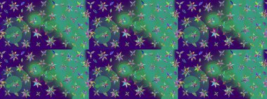 Renkli desenli eskiz deseni, mavi çiçekler ve dekoratif elementlerle. Eskiz geçmişi. Raster illüstrasyonu. Kumaş, tekstil, duvar kağıdı baskısı için. Antika retro tarzı.