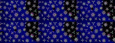 Düz Çiçek Elementleri Tasarımı. Renkli Bahar Teması eskiz kalıbı. Mavi renkli şirin çiçek deseni. Raster Modaya uygun kumaş deseni.