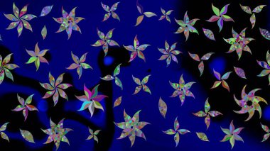Mavi renkler ve parlak çiçekler üzerine soyut çizim deseni. Çiçeksel elementlerle süslenmiş zarif raster dokusu. Küçük çiçekte şirin bir çiçek deseni var..
