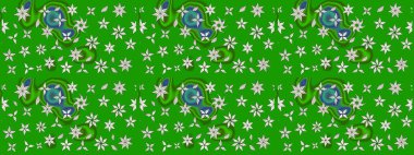 Yapraklı çiçekler ve yeşil renkli papatya çiçekleri. Raster - stok. Taslak arkaplan deseni.