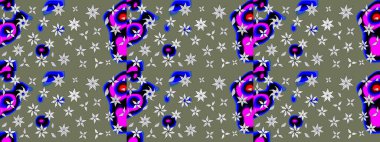 Tekrarlayan çiçek arkaplanı, zarif yeşil çiçek duvar kağıdı. Yeşil renkler üzerine çiçek desenli çizimler, el yapımı papatyalar, papatyalar..