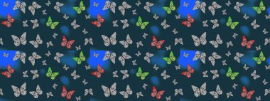 Raster. Doğadaki güzellik. Mavi arka planda uçan güzel kelebek. Çizim kalıbı. Kumaş, tekstil, baskı ve davet için desen.