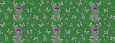 Raster illüstrasyonu. Kitap sayfaları için çiçek ormanlarında uçan güzel kelebekler. Fantezi güzel illüstrasyon. Renk çizimi kalıbı. Yeşil renkli resimler.