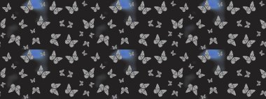 Çiz, çiz, çiz. Kelebek görüntüsü. Raster illüstrasyonu. Basit bir şekilde. Tropikal kelebek çizim deseni gri renklerde.