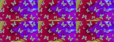 Kelebekli çizim şekli. Raster renkli sonsuz doku. Elle çizilmiş illüstrasyon. Bahar ve yaz tasarımı için renkli arkaplan.