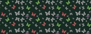 Giysi tasarımı için mavi arka planda dekor. Renkli kelebeklerin eskiz geçmişi. Raster illüstrasyonu.