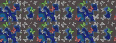 Dekoratif Raster çizimi. Kahverengi renklerin soyut arkaplanı. Renkli romantik kelebekler eskizler çiziyor. Elle çizilmiş kelebeklerle.