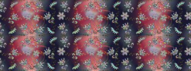 Çiçek süsü ile kusursuz desen. Gri, pembe ve mavi renkte çiçekler. Raster illüstrasyonu.