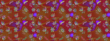 Çiçekler. Soyut etnik raster kusursuz desen. Vadinin çiçekleri kahverengi, kırmızı ve mor renklerde.