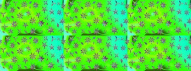 Çok yeşil zarif küçük çiçekler ve yeşil renkli komik böcekler, raster desen, illüstrasyon.