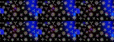 Raster illüstrasyonu. Şirin çiçekli eskiz deseni ve siyah renkli yapraklar, suluboya çiçek deseni, duvar kağıdı, kart veya kumaş için fayanslı.