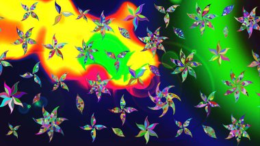 Yeşil renkli çiçekler. Raster illüstrasyonu. Raster illüstrasyonu. Çiçek desenli çizim. Asya tekstil tarzında.