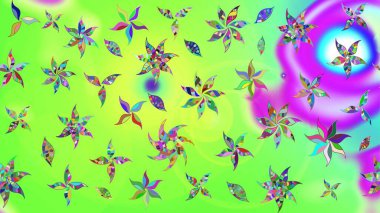 Çok yeşil zarif küçük çiçekler ve yeşil renkli komik böcekler, raster desen, illüstrasyon.