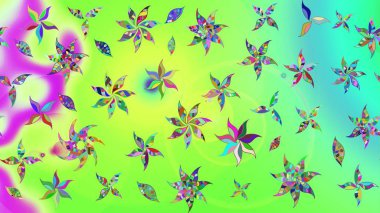 Yeşil arka planda. Elle çizilmiş çiçek desenli Raster çizimi. Çocuksu tasarım. Tekstil, kumaş, ambalaj, hatıra defteri için güzel çiçek arkaplanı..