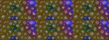 Yeşil renkli bitkilerden oluşan parlak çiçekli çizim deseni.