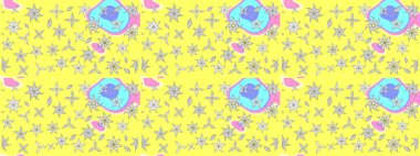 Kumaş, tekstil, duvar kağıdı baskısı için. Raster illüstrasyonu. Eskiz geçmişi. Eski usul. Renkli desenli eskiz deseni, sarı çiçekler ve dekoratif elementler..