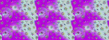 Çiçekli bahar çiçekleri. Küçük çiçekte güzel bir desen. Küçük renkli çiçekler. Moda baskıları için zarif bir şablon. Motley illüstrasyonu. Çizim.