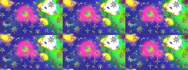 Eskiz arkaplan modeli. Raster - stok. Yapraklı çiçekler ve mavi renkli papatya çiçekleri..