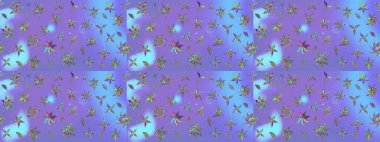 Raster - stok. Eskiz arkaplan modeli. Yapraklı çiçekler ve mor renkli papatya çiçekleri..