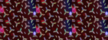 Noel ve yeni yıl moda baskıları için tatil tasarımı. Kar tanelerinin soyut arkaplanlı Noel şablonu. Raster illüstrasyonu. Kahverengi, gri ve mavi kar taneleri.