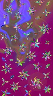 Varicolopurple Raster çizimi. Birçok mor soyut çiçekli tropikal çizim deseni. Küçük çiçekte sevimli çiçek deseni var..