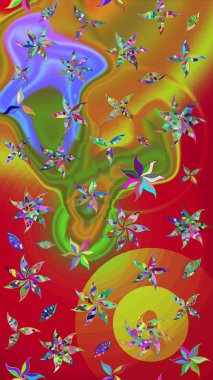 Yaprak ve çiçeklerin suluboya resimleri, kırmızı renklerde çizimler. Kibarca, kırmızı renkte bahar çiçekleri. Raster illüstrasyonu.