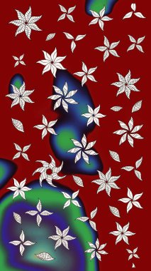 Renkli desenli eskiz deseni, kırmızı çiçekler ve dekoratif elementlerle. Eskiz geçmişi. Raster illüstrasyonu. Kumaş, tekstil, duvar kağıdı baskısı için. Antika retro tarzı.