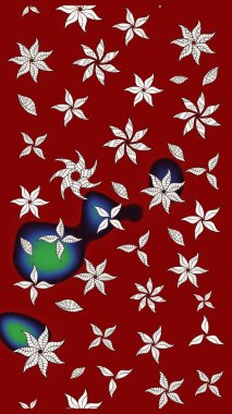 Çiçeksel çizim kalıbının yansıması. Vadinin çiçekleri kırmızı renklerde.