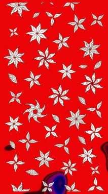 Renkli raster çizimi çizimi. Bir sürü kırmızı ve soyut çiçekli tropik eskiz deseni. Küçük çiçekte sevimli çiçek deseni var..