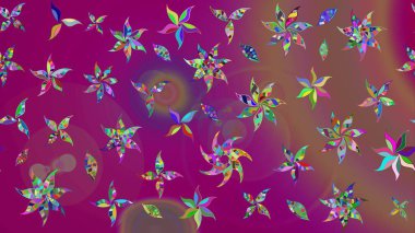 Mor renkler ve parlak çiçekler üzerine soyut çizim deseni. Çiçeksel elementlerle süslenmiş zarif raster dokusu. Küçük çiçekte şirin bir çiçek deseni var..