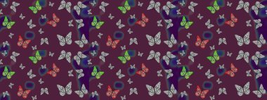 Kumaş, tekstil, baskı ve davetiye örnekleri. Raster. Kelebek deseni. Kahverengi arka planda bir resim. Çizim.