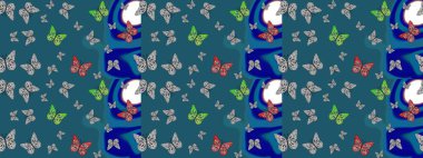 Raster illüstrasyonu. Kelebek gölgeleri ve siluetler. Bahar ve yaz tropikal kelebek çizim deseni mavi renklerde. Kumaş, kağıt, ambalaj için uygun.