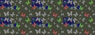 Robot resim. Yeşil arka planda kelebek. Rastgele yeşil kelebekler şirin desenler. Davetiye, kart ve parmak izi için basit kadınsı bir model. Raster illüstrasyonu.