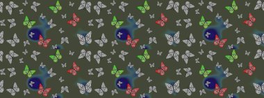 Elle çizilmiş illüstrasyon. Bahar ve yaz tasarımı için renkli bir arkaplan. Kelebekli çizim şekli. Raster renklendirilmiş sonsuz doku.