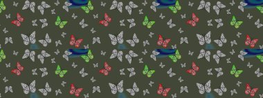 Yeşil, soyut suluboya kelebeklerle bezenmiş yumuşak bir deniz mavisi deseni. Sonsuz. Yazdırmayı tekrarla. Raster illüstrasyonu.
