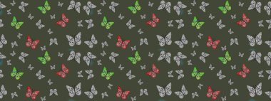 Raster illüstrasyonu. Kıyafetler, erkekler, kızlar ve duvar kağıtları için soyut çizim kalıbı. Boyama kitabı için uçan farklı güzel kelebekler. Böcekli çizim kalıbı arkaplanı.