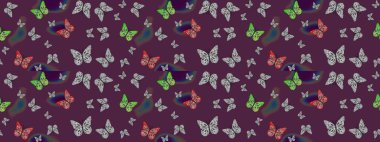 Moda sevimli kumaş tasarımı. Raster illüstrasyonu. Kahverengi arka planda güzel renkli kelebeklerin Raster vintage el çizimi.