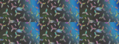 Sanat terapisi tarzı zen çizim için gri, mavi ve yeşil mandala şeklinde kar taneleri. El çizimi, dövme stili, kumaş tasarımı ve Raster illüstrasyonunda kartlar..