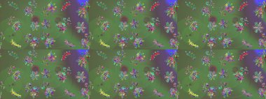 Kar tanelerinin soyut arkaplanlı Noel şablonu. Yeşil, gri ve mor kar taneleri. Raster illüstrasyonu. Noel ve Yeni Yıl moda baskıları için tatil tasarımı.