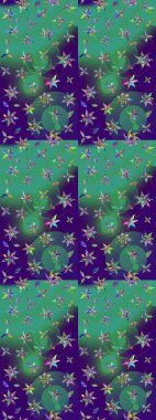 Renkli desenli eskiz deseni, mavi çiçekler ve dekoratif elementlerle. Eskiz geçmişi. Raster illüstrasyonu. Kumaş, tekstil, duvar kağıdı baskısı için. Antika retro tarzı.