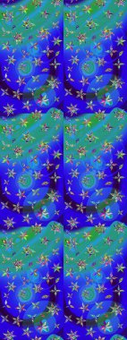 Dallı bahar çiçekleriyle desen, mavi renklerle çiçek siluetiyle desen. Raster deseni.