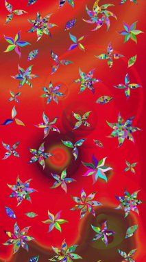 Çiçekli karalama şeklinde Raster çiçek deseni. Yumuşak, bahar çiçekli arka plan. Kırmızı renkte çiçekler.