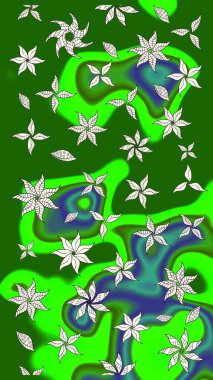 Raster düz çiçek çizim deseni. Hediye ambalaj kağıdı, tebrik kartları, posterler ve pankart tasarımı. Yeşil renkte çiçekler.