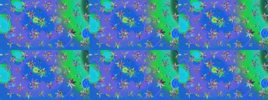 Raster düz çiçek çizim deseni. Hediye ambalaj kağıdı, tebrik kartları, posterler ve pankart tasarımı. Mavi renkte çiçekler.