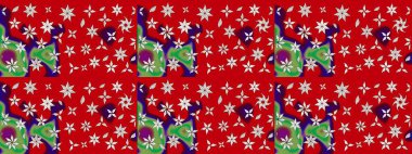 Parlak renkli çiçekli ve kırmızı yapraklı harika bir çiçek deseni. Halk tarzı. Modern çiçek arkaplanı. Moda baskıları için zarif bir şablon.